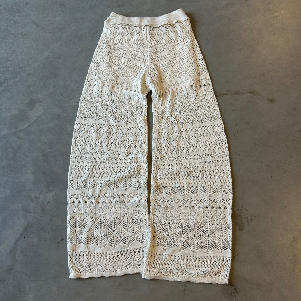 Good Luck Gem Cream Pointelle Crochet Wide Leg Boho Pants Small YCGK3157SET